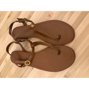 Ralph Lauren Women’s Brown Leather T-Strap Sandals Size 7.5 Gold Logo Accents